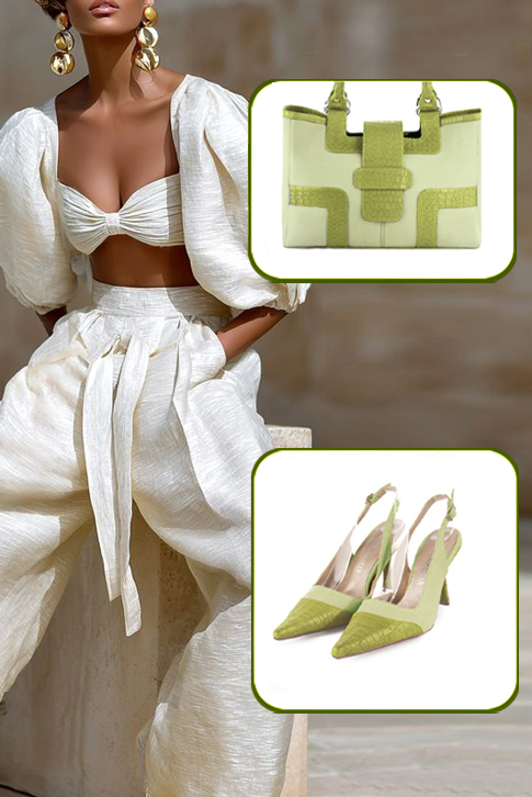 Dress slingback heels in pistachio green and meadow green leather with high spool heels and pointed toe - Top view